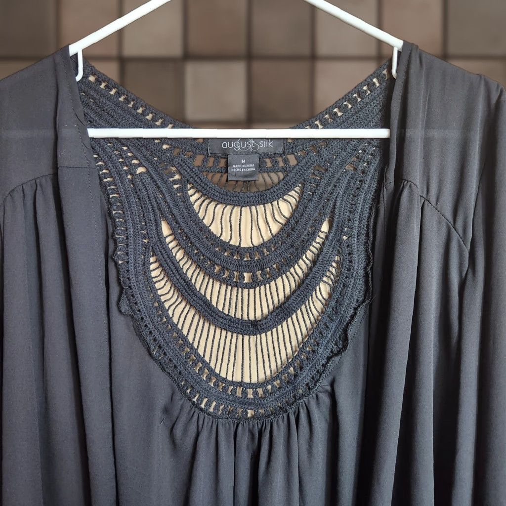 Vintage August Silk Womens Black Chiffon Jacket Open Crochet Inlay Tassels-Size M Bohemian Kimono 3/4 Sleeves Lightweight Satin? Wait no. Size M / US 6-8 / IT 42-44 - 1 Thumbnail