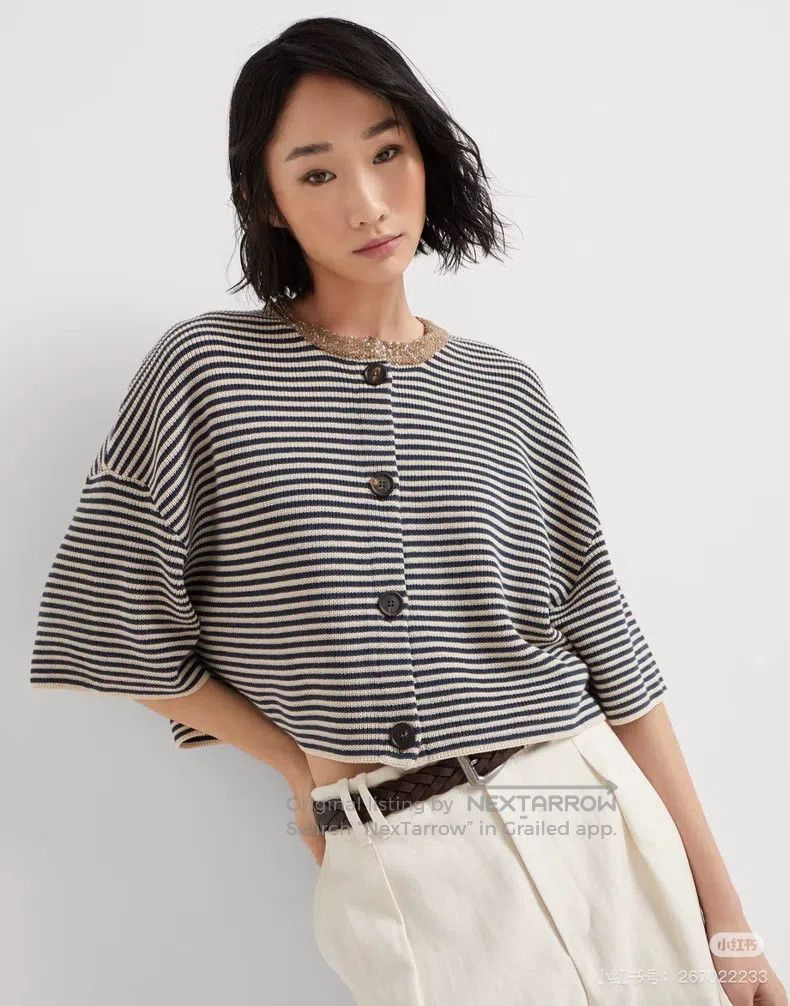 Brunello Cucinelli 25 Striped Collar Sequin Open Cardigan