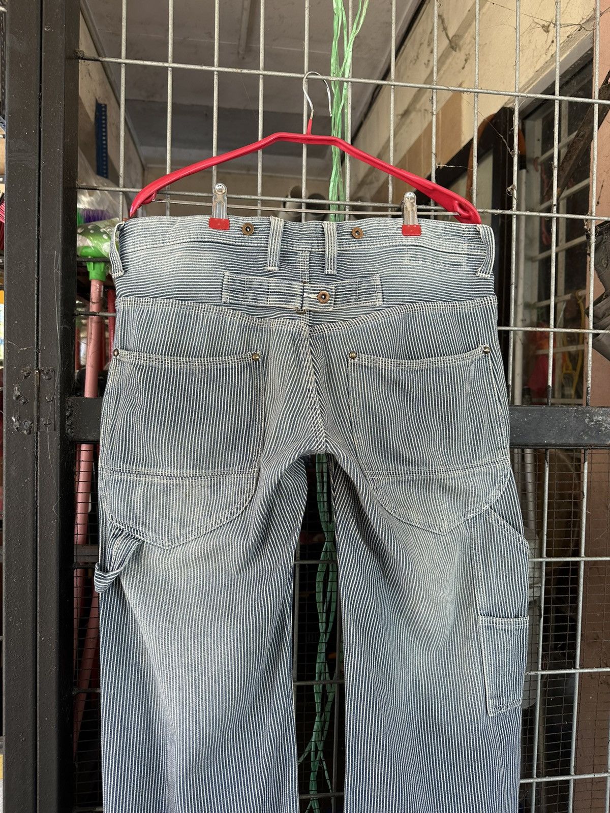 Vintage 👹THRASHED United Work Baggy Blue Striped Jeans Size US 35 - 4 Thumbnail