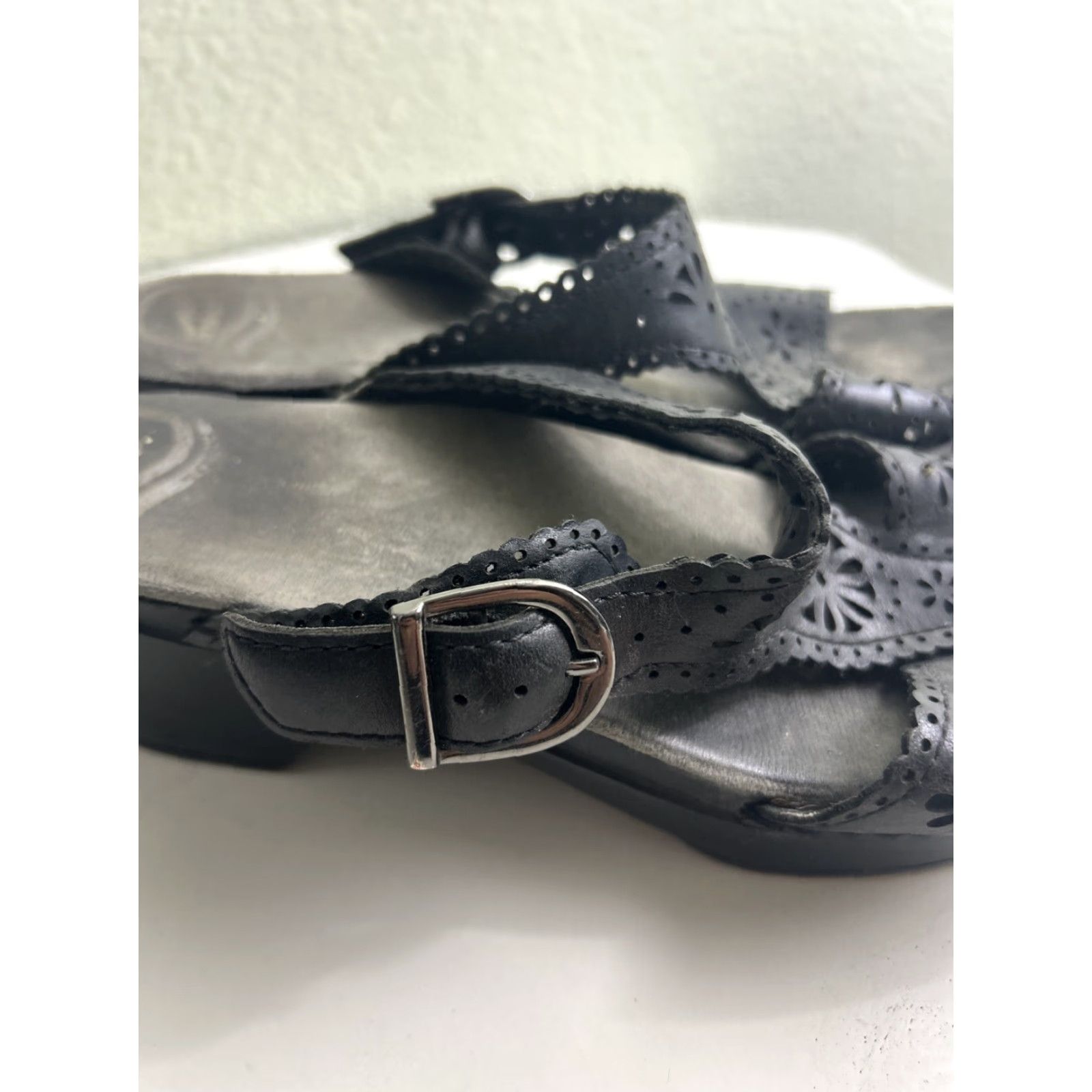 Dansko Dansko Sapphire Sandal Womens Black Leather Cutout Eyelet Slide Wedge 39 US 8.5 Adjustable Buckle Leather Lining Floral Pattern Size US 9 / IT 39 - 3 Thumbnail