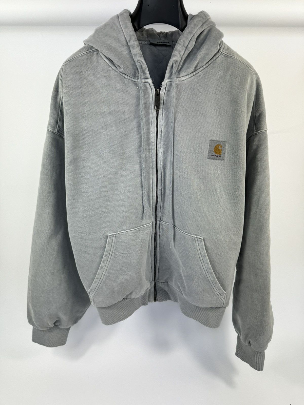 image of Carhartt Logo Print Zip Up Hoodie in Grey, Men's (Size XL)