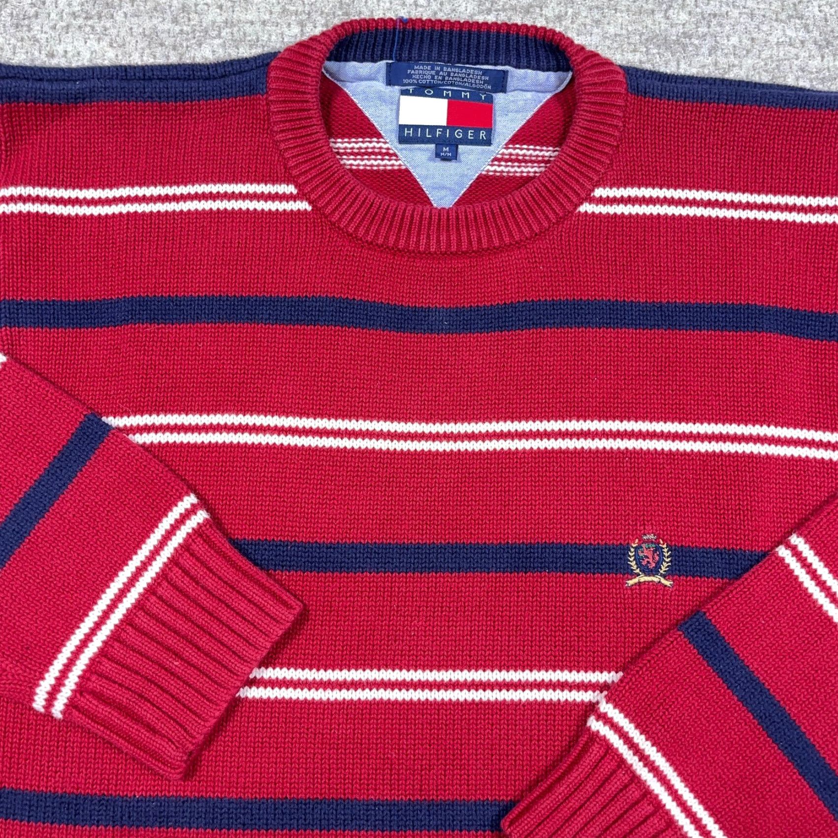Tommy Hilfiger VINTAGE Tommy Hilfiger Sweater Men M Red Striped Heavy Knit Pullover Crew Neck 90s Modern Classic Mens Size US M / EU 48-50 / 2 - 2 Thumbnail