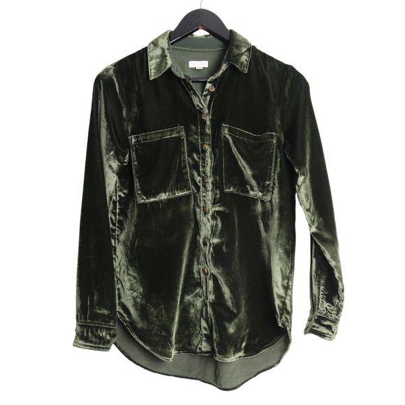 Anthropologie Pilcro Hadley Relaxed Buttondown Velvet Shirt Dark Green Size XXS / US 00 / IT 34 - 1 Thumbnail