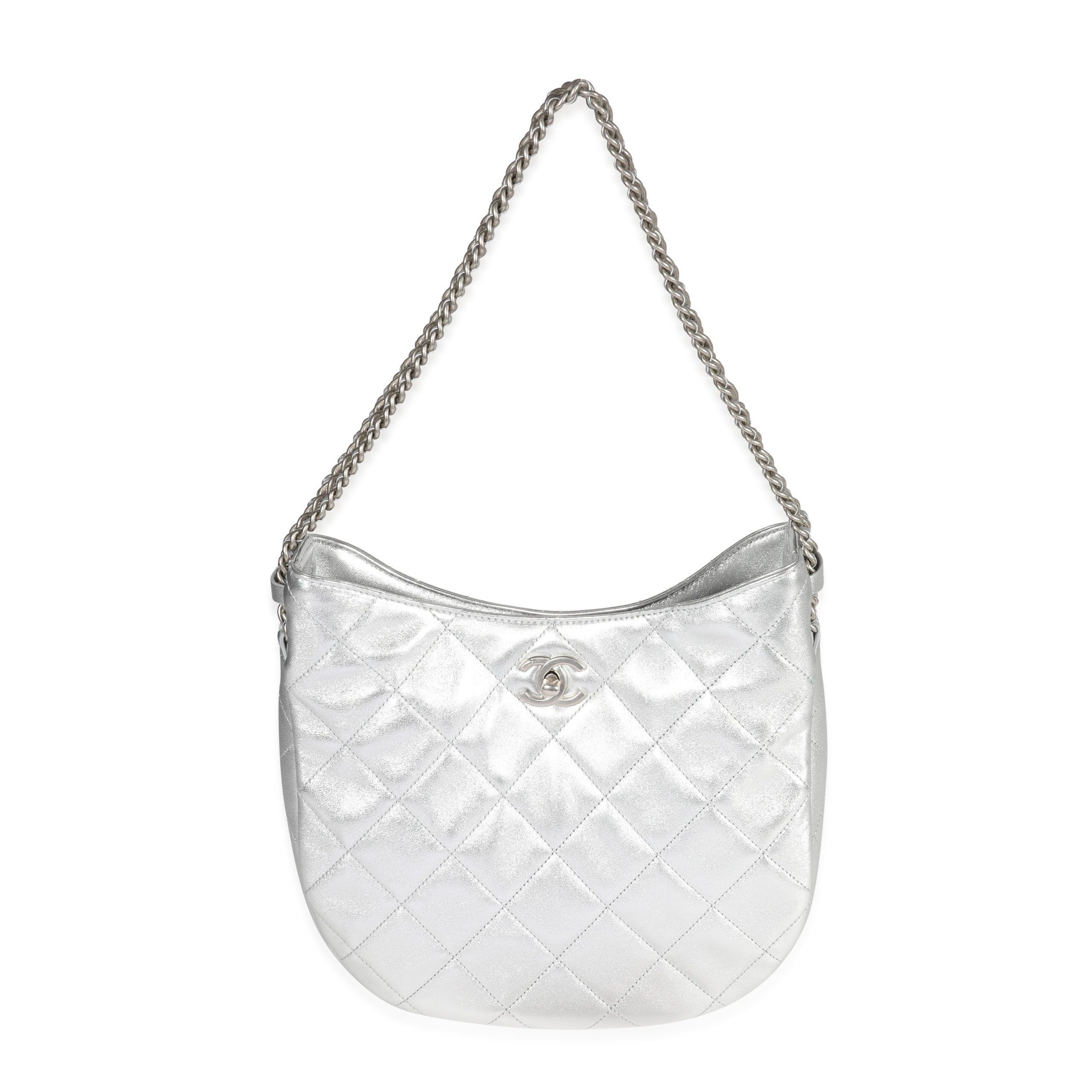Chanel Silver Quilted Lambskin Chain Hobo