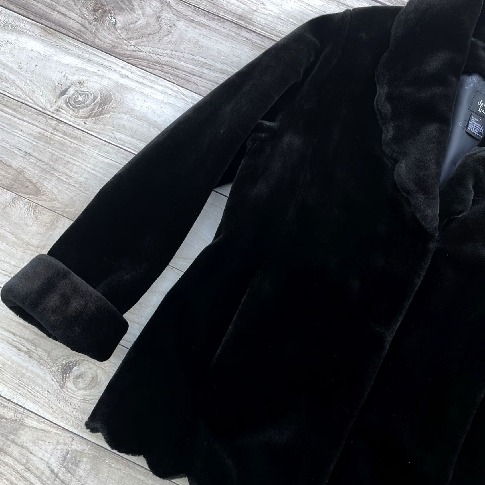 Vintage Dennis Basso Black Faux Fur Overcoat Women’s Large Mid-Length Collared Scalloped Fur Trim Coat Size L / US 10 / IT 46 - 4 Thumbnail