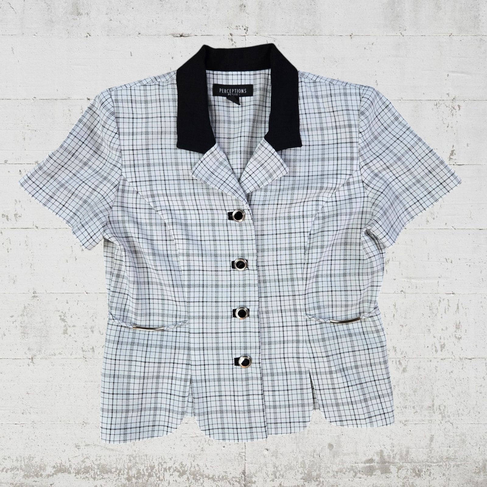 Vintage 90s White Black Graph Check Short Sleeve Blazer Size 8P Size M / US 6-8 / IT 42-44 - 2 Thumbnail