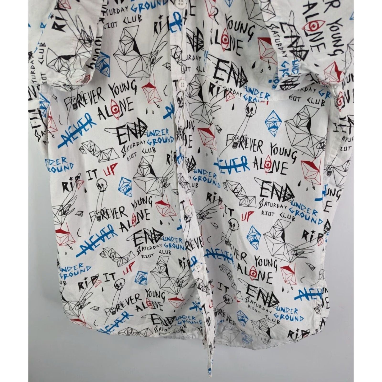 Forever 21 WXYZ Forever Young Print Button Up Short Sleeve Men’s Small 100% Cotton White Shirt Size US 29 - 3 Thumbnail