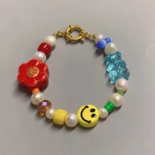 Jewelry Rainbow Gradient Smiley Face Bear Flower Beads Bracelet Size ONE SIZE - 4 Thumbnail