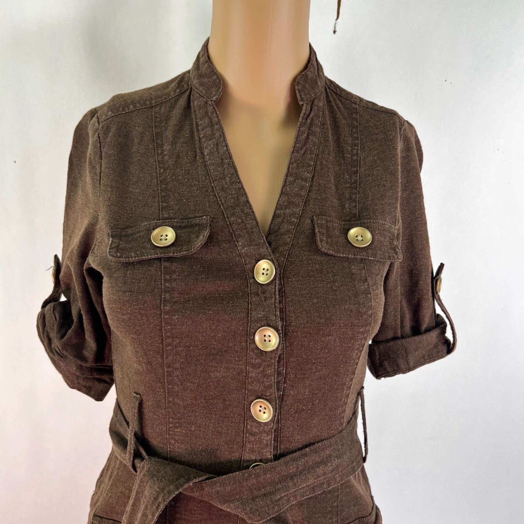 Vintage VTG New York & Co Utility Linen Midi Dress Shirt Dress XS Brown Belt Maxi? Size XS / US 0-2 / IT 36-38 - 2 Thumbnail