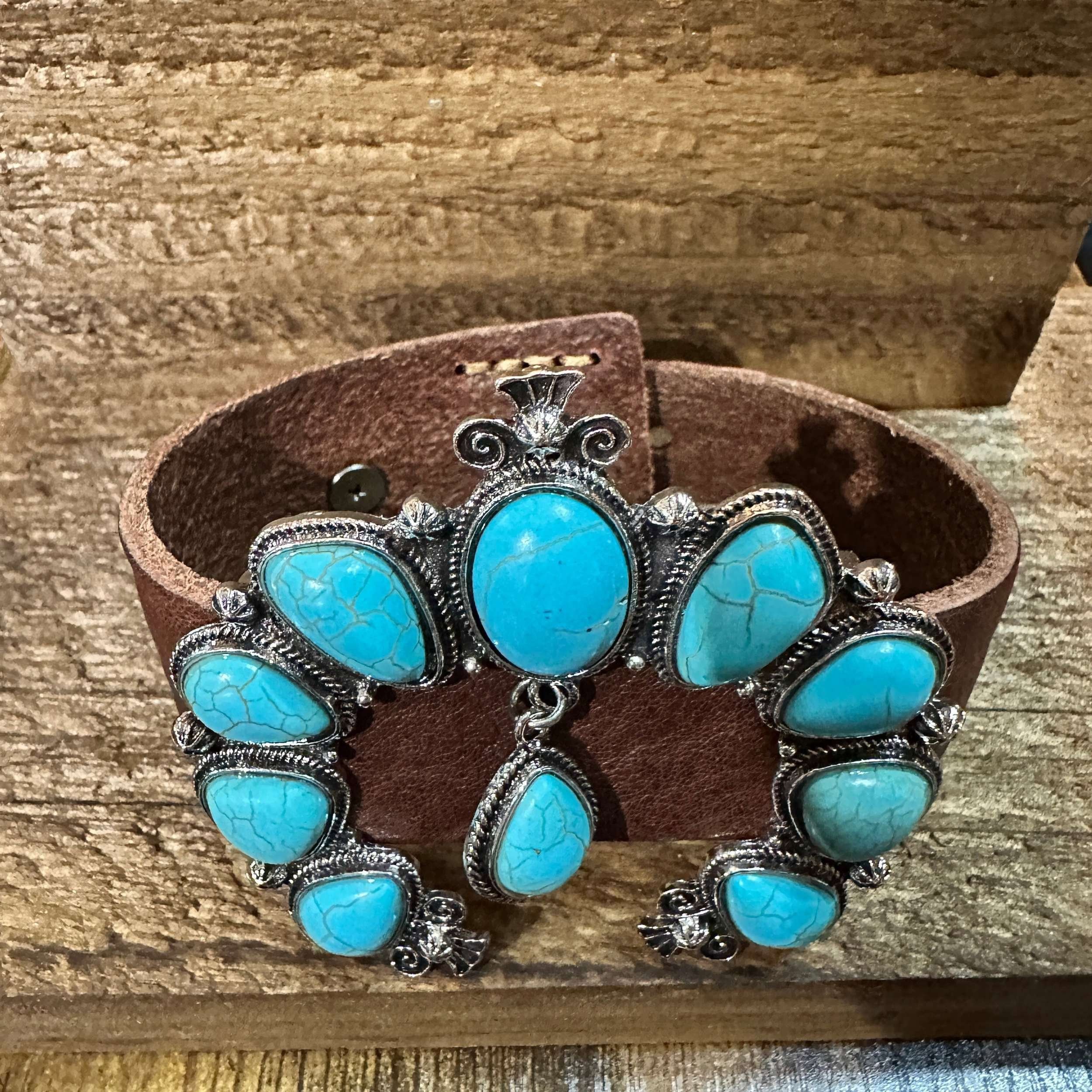 Other Brown Leather Bracelet with Large Blue Turquoise Blossom Des Size ONE SIZE - 2 Thumbnail