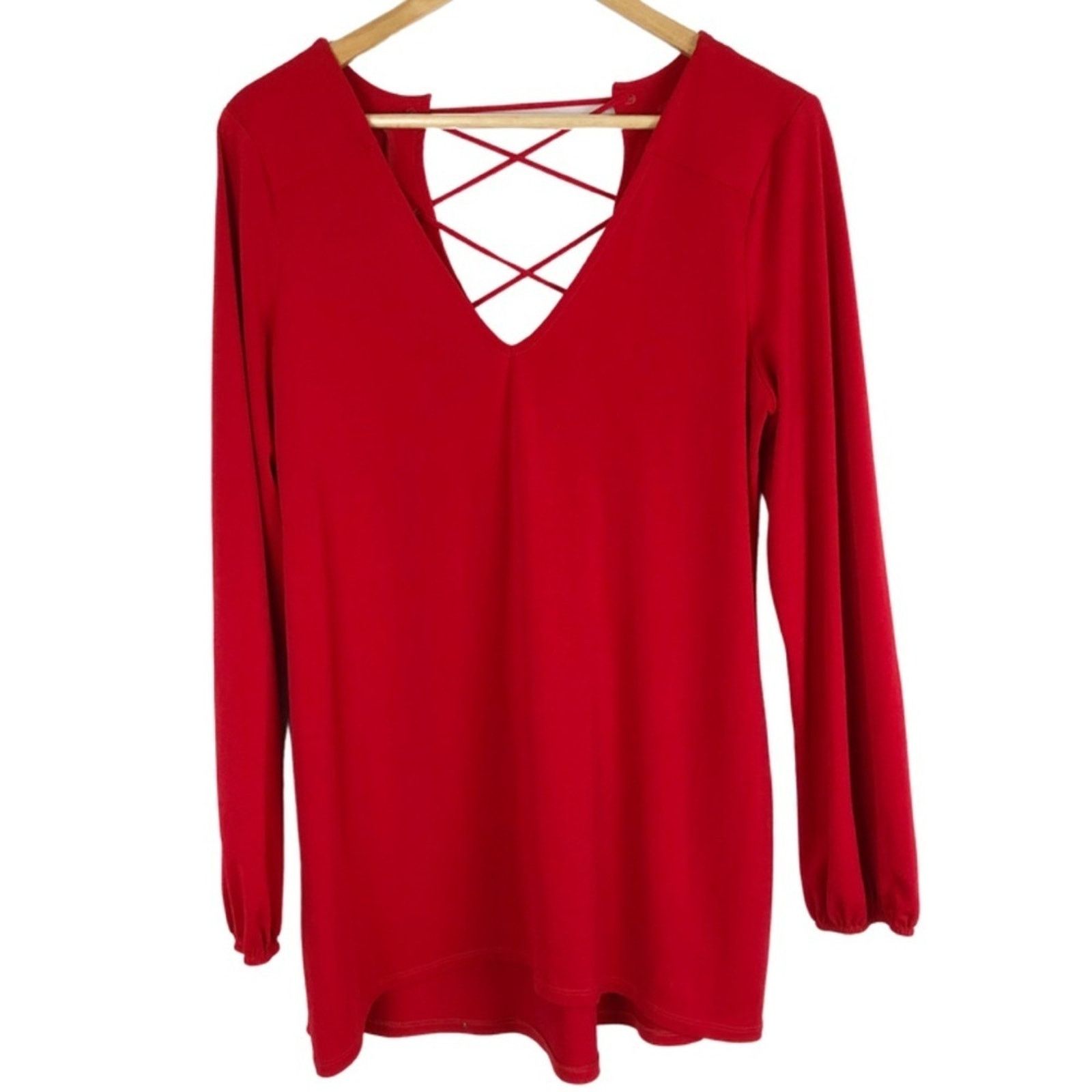 Express Express Women’s Red Lace Up Long Sleeve Sexy Blouse Size M / US 6-8 / IT 42-44 - 7 Thumbnail