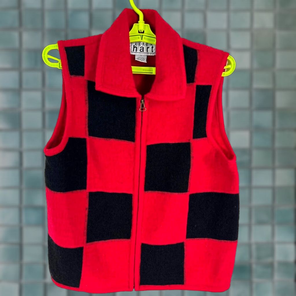 Vintage VINTAGE Keren Hart 100% Wool Checkered Zip-Up Vest Womens Size S Red 80s 90s Size S / US 4 / IT 40 - 1 Thumbnail