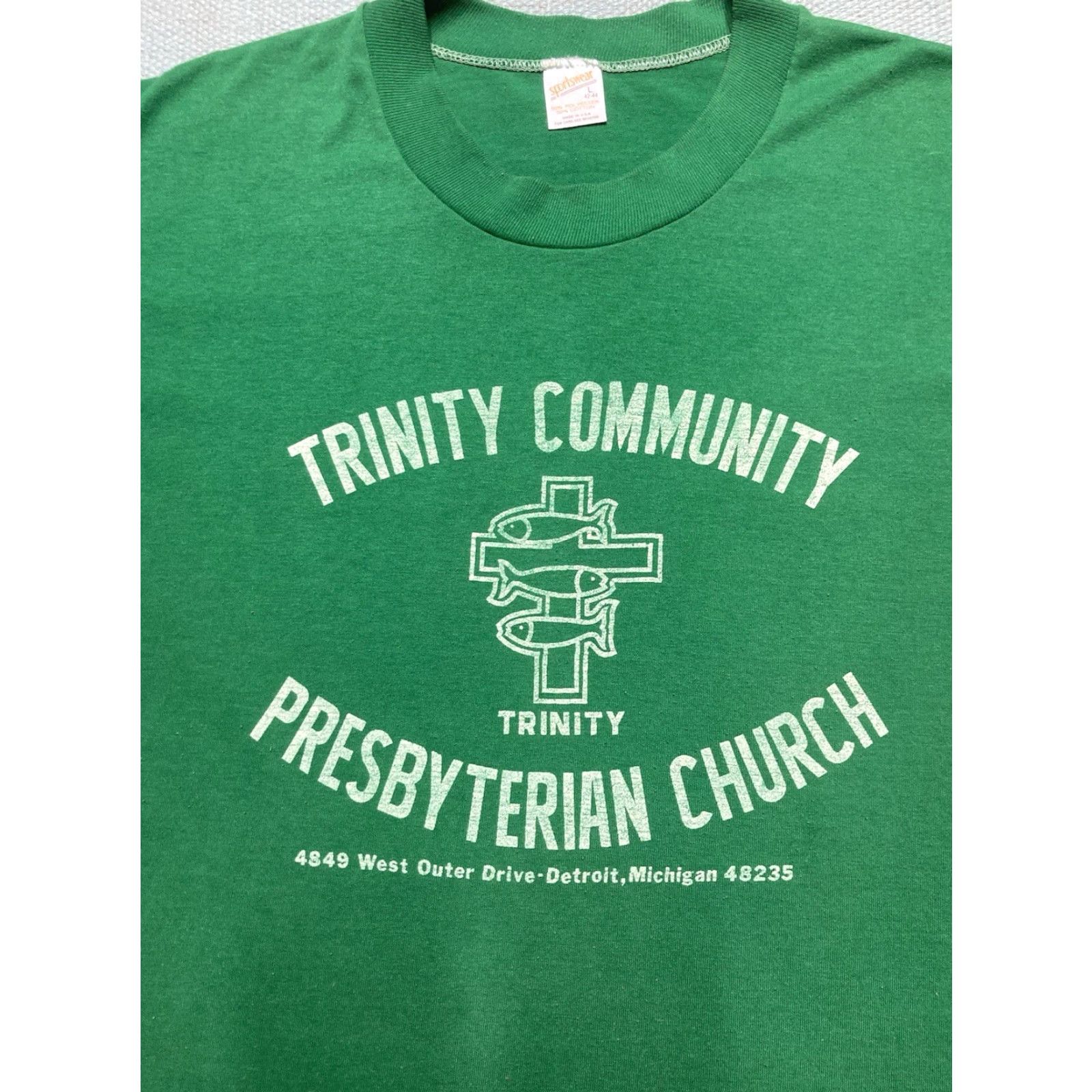 Vintage VINTAGE 70s 80s T-SHIRT Trinity Community Church Detroit Michigan Green L Mens Size US L / EU 52-54 / 3 - 2 Thumbnail