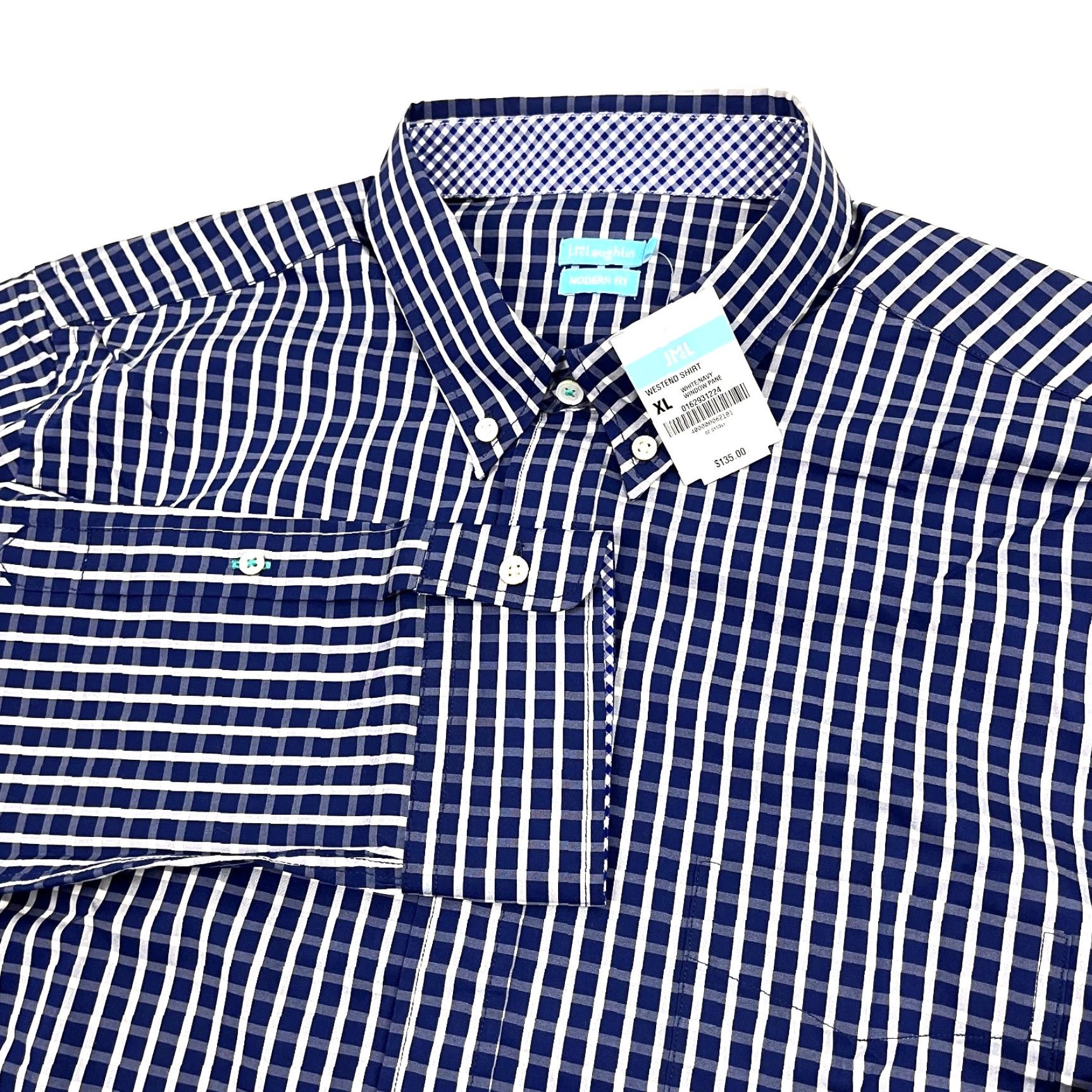 J.McLaughlin J. McLaughlin Westend Shirt Mens XL White Navy Window Pane Dress Button Down NEW Size 46R - 2 Thumbnail
