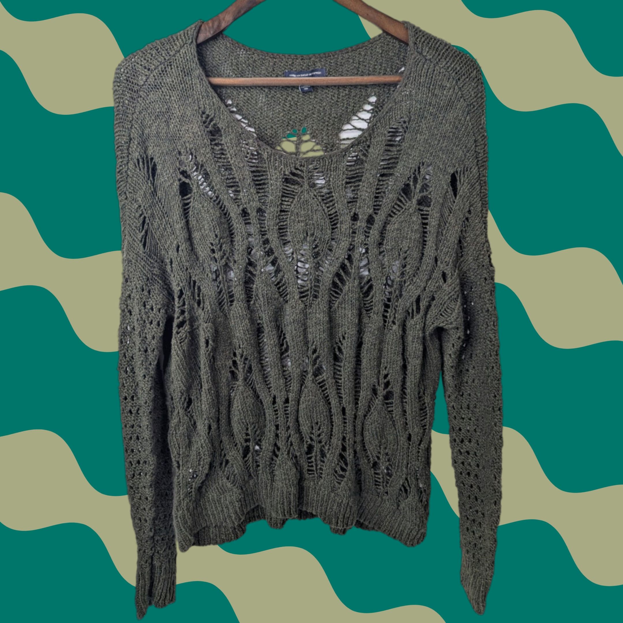 American Eagle Outfitters American Eagle Outfitters Women's Green Open Knit Crochet Coastal Sweater Large Size L / US 10 / IT 46 - 1 Thumbnail