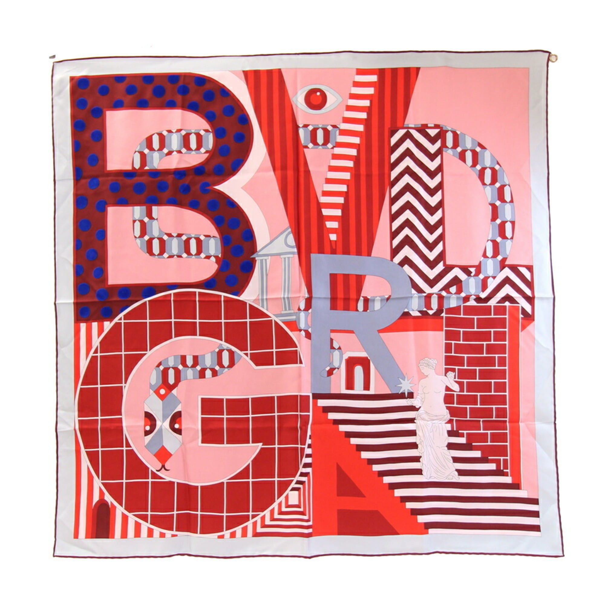 BVLGARI Scarf Gray/Red 100% Silk Large Stole Women's