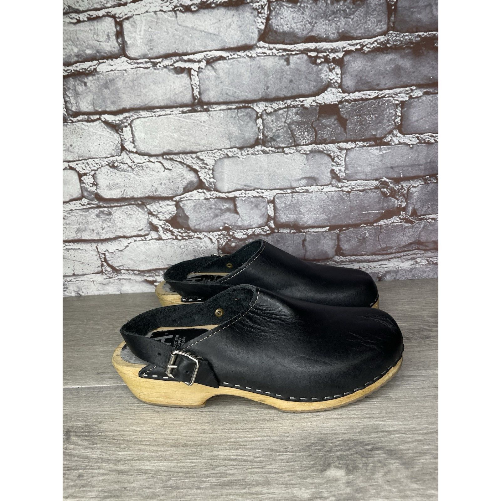 Miansai MIA Alma Swedish Black Leather Wooden Heel Strap Clogs Women Size US 9.5 / IT 39.5 - 4 Thumbnail