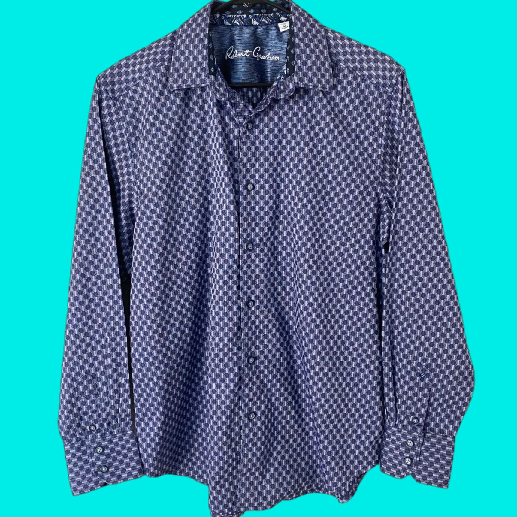 Robert Graham Robert Graham Geometric Button-Up Shirt Blue Mens M Contrast Cuffs Stretch Shirt Size US M / EU 48-50 / 2 - 1 Thumbnail