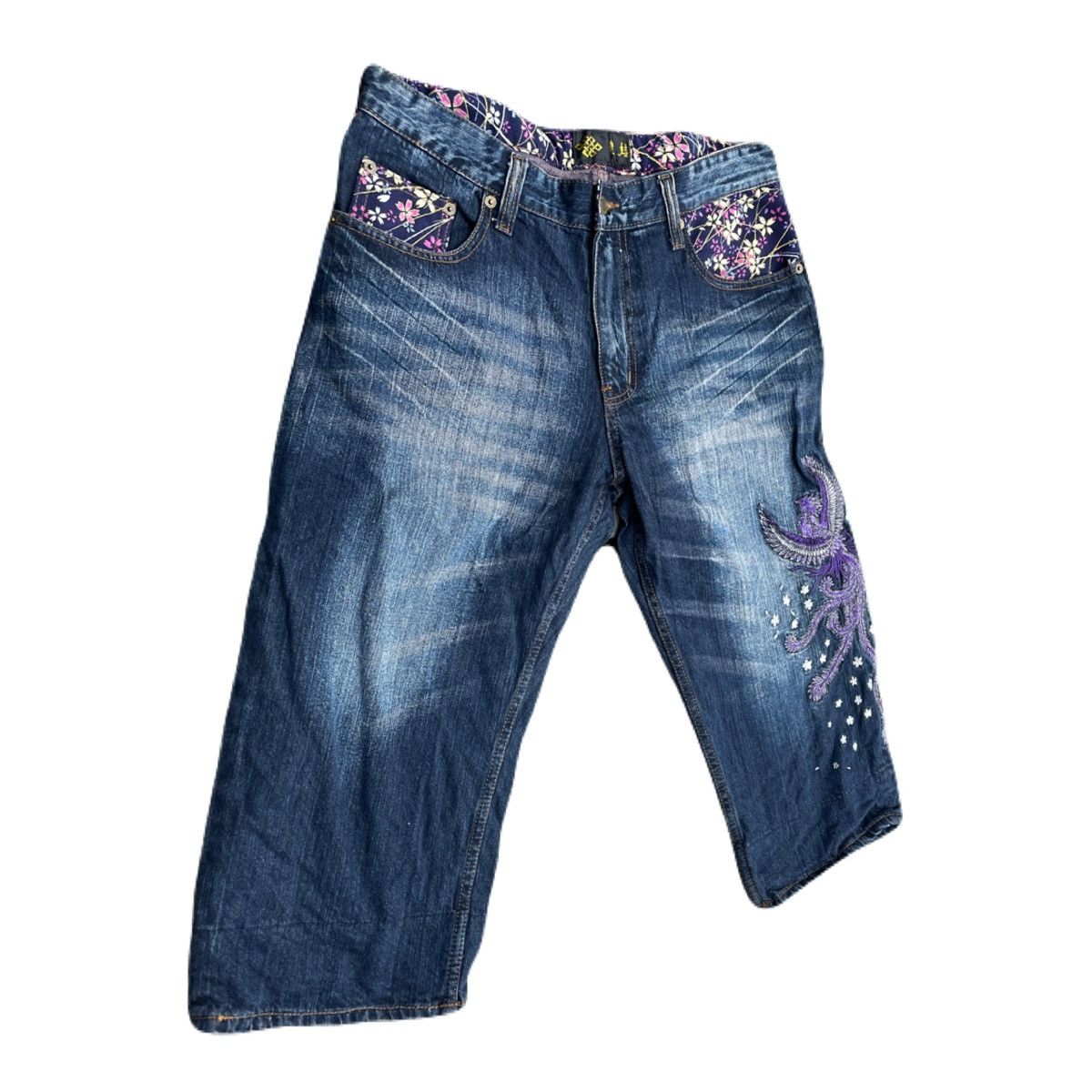 If Six Was Nine 2000s Japanese Wabori Yakuza Embroidery Denim Jorts Size US 31 - 3 Thumbnail