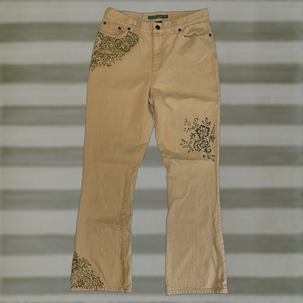 Ralph Lauren VINTAGE Lauren Ralph Lauren Women's Floral Stencil Flared Jeans Sz 8 Tan 90s Boho Jeans Size 30" / US 8 / IT 44 - 1 Thumbnail
