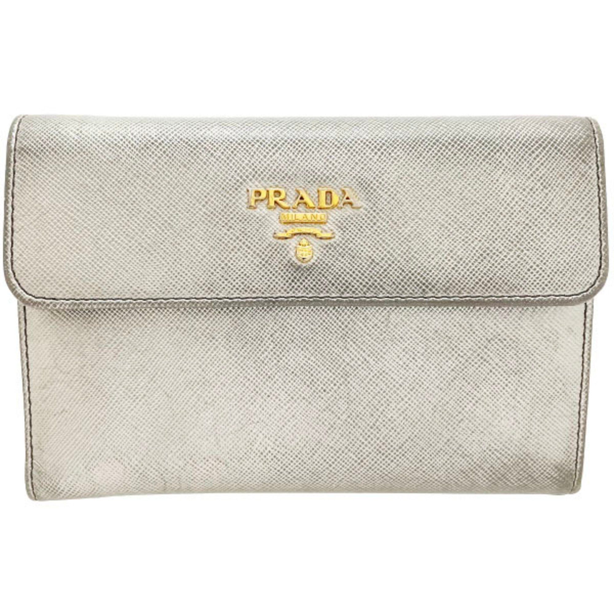 image of Prada Wallet Tri-Fold Saffiano Leather Silver M0510 Prada Compact Saffiano Multic Cromo Cammeo Ttmn