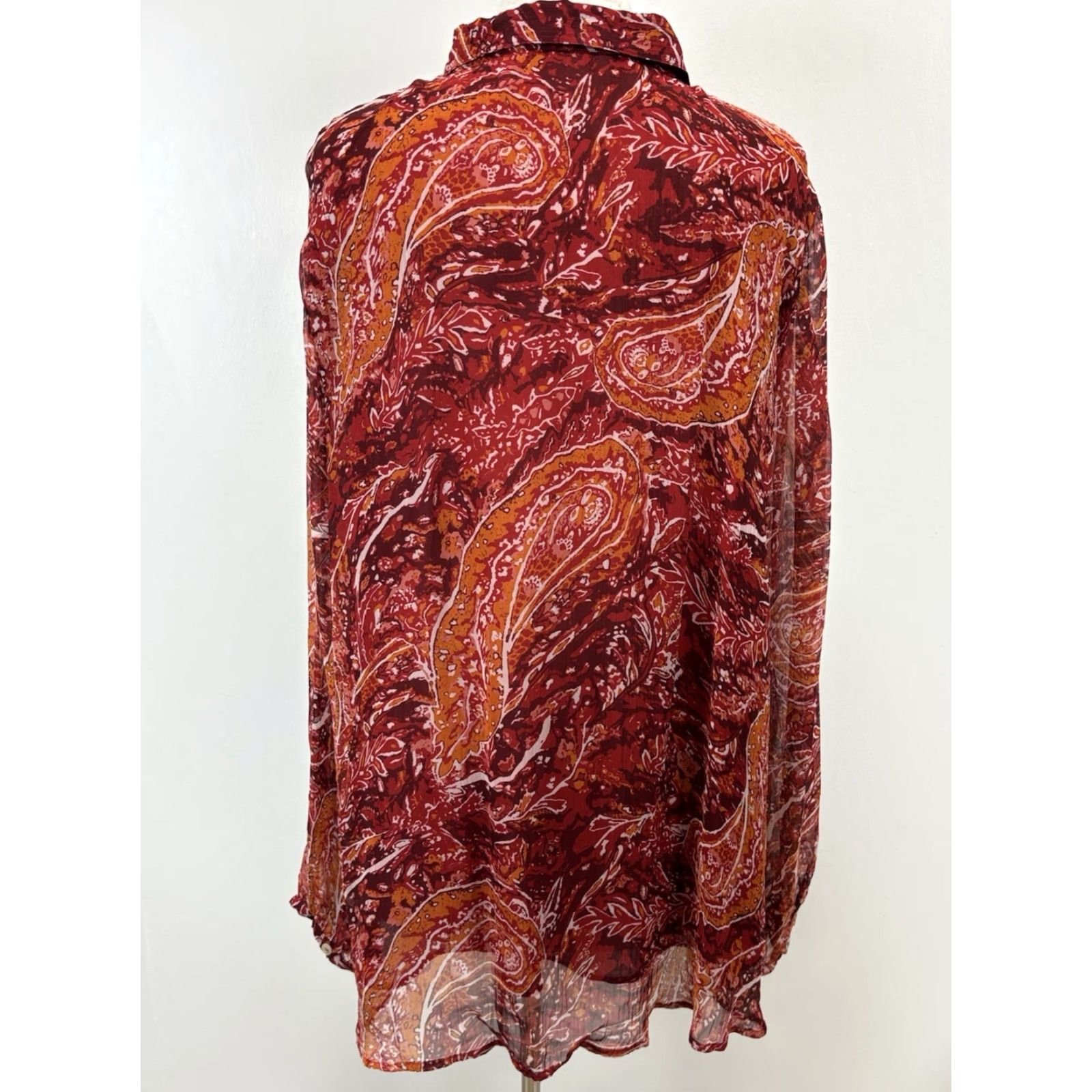 Soft Surroundings Soft Surroundings Cheya Blouse Adult 3X Plus Red Paisley Sheer Long Sleeve Tunic Womens Size XXL / US 16-18 / IT 52-54 - 3 Thumbnail