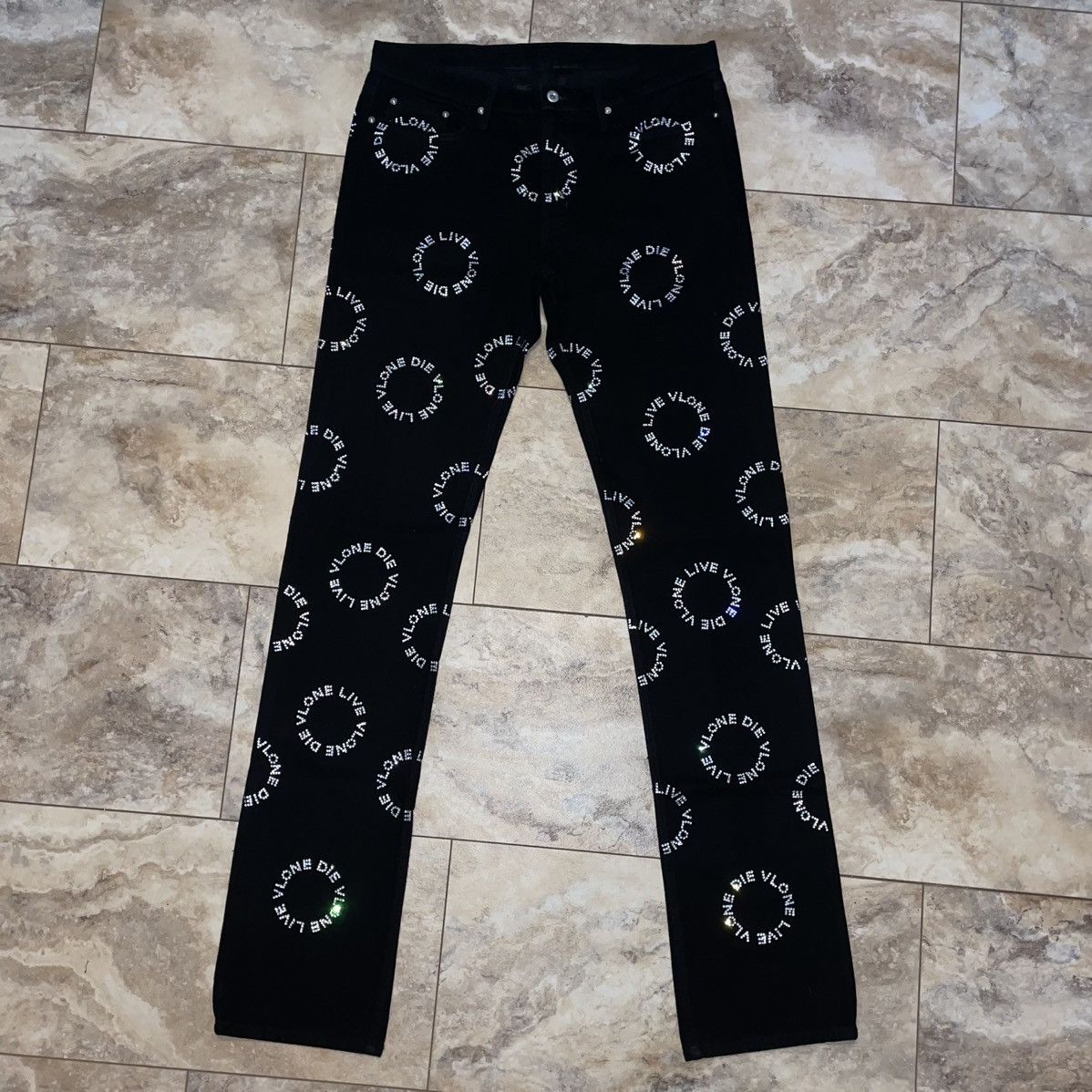 Vlone Vlone LVDV Silver Rhinestone Stacked Denim Jeans Black 30