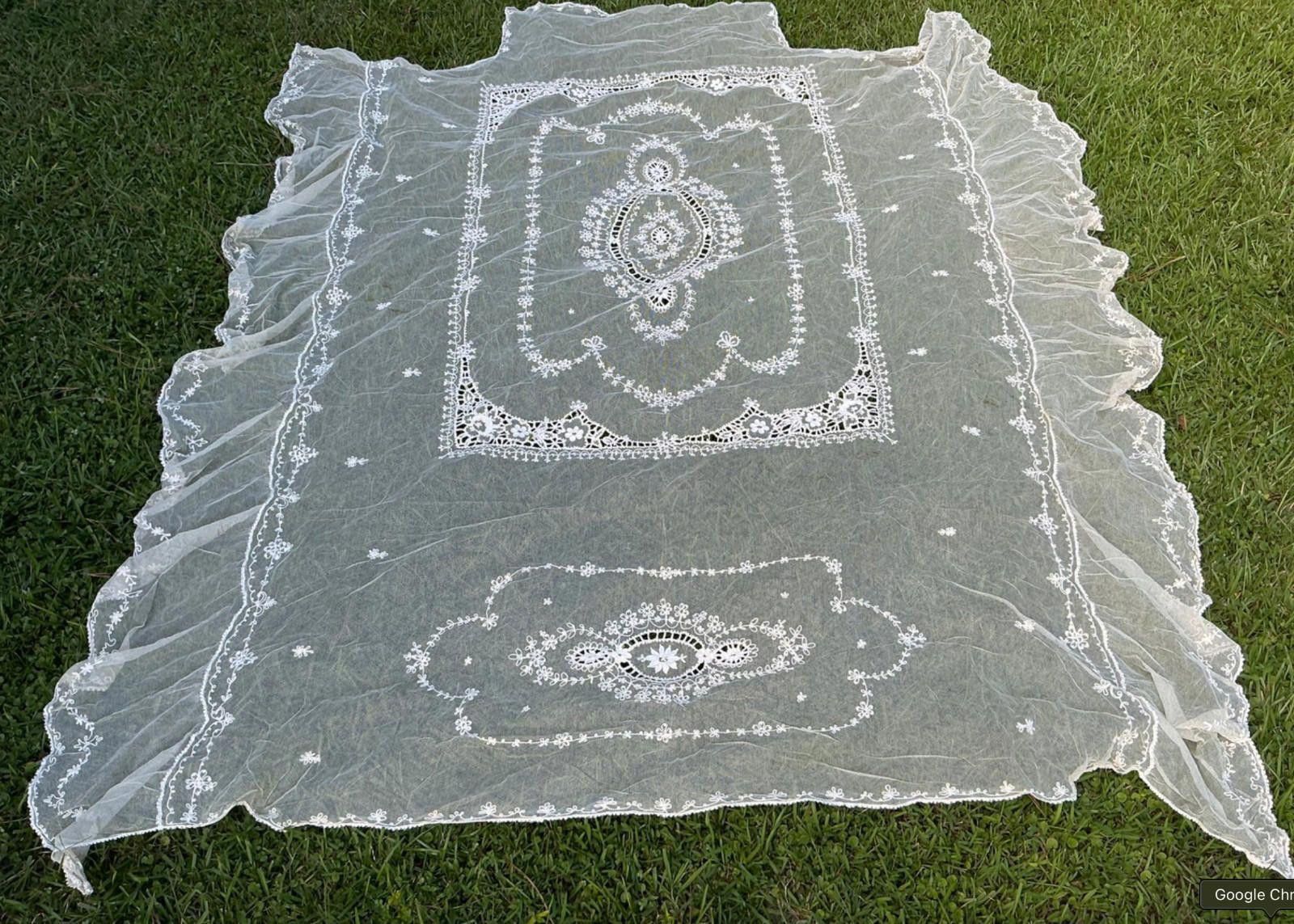 The Unbranded Brand Antique Embroidered Tambour Net Lace Bedspread Edwardian Size ONE SIZE - 1 Thumbnail