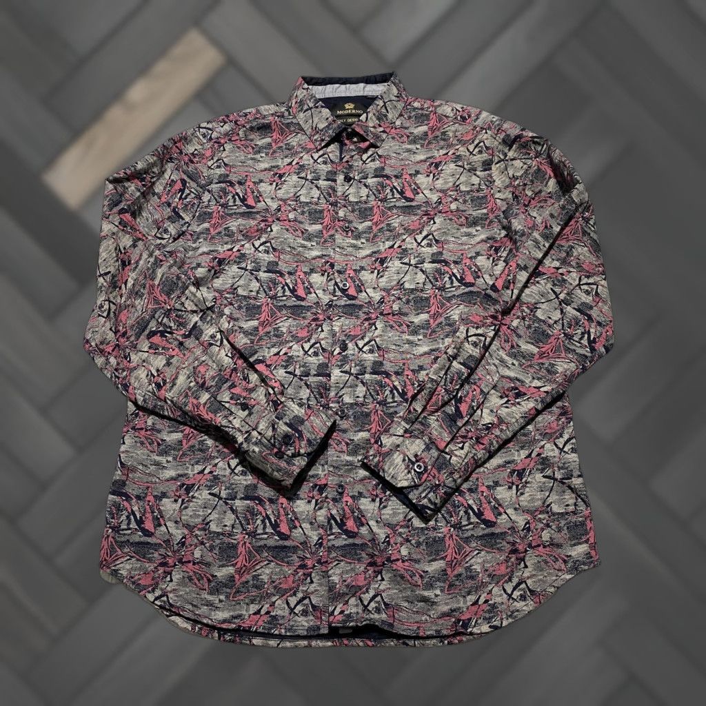 Vintage Moderno Shirt Mens XL Gray Pink Abstract Floral Button Front Long Sleeve Cotton Size US XL / EU 56 / 4 - 1 Thumbnail