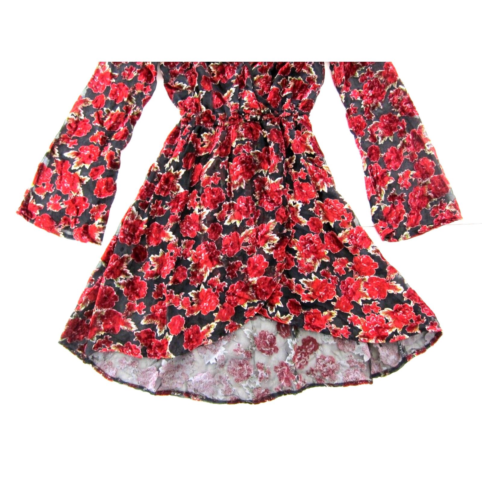 Velvet Band Of Gypsies Red Floral Velvet Long Sleeve V-Neck Wrap Dress M Women's dress Size M / US 6-8 / IT 42-44 - 7 Thumbnail