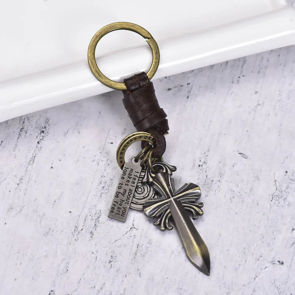 Vintage Vintage Woven Cowhide Keychain Pendant Bronze Cross Pendant Size ONE SIZE - 2 Thumbnail