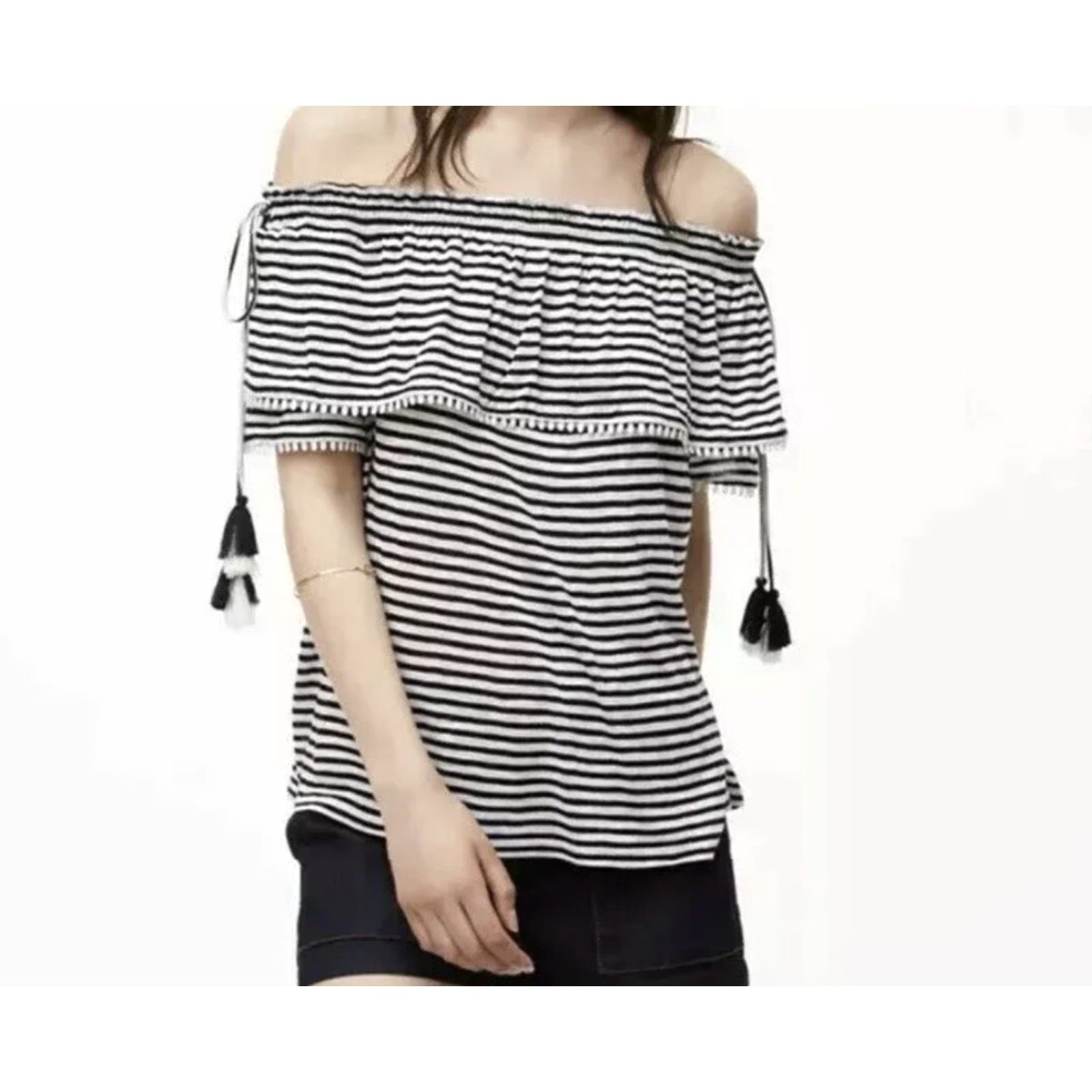 Loft LOFT Blouse Top Striped Off The Shoulder Petite XXS XS P2XS Tassel Viscose Knit Flutter Sleeve Multicolor Short Sleeve Women's Blouse Size XXS / US 00 / IT 34 - 5 Thumbnail