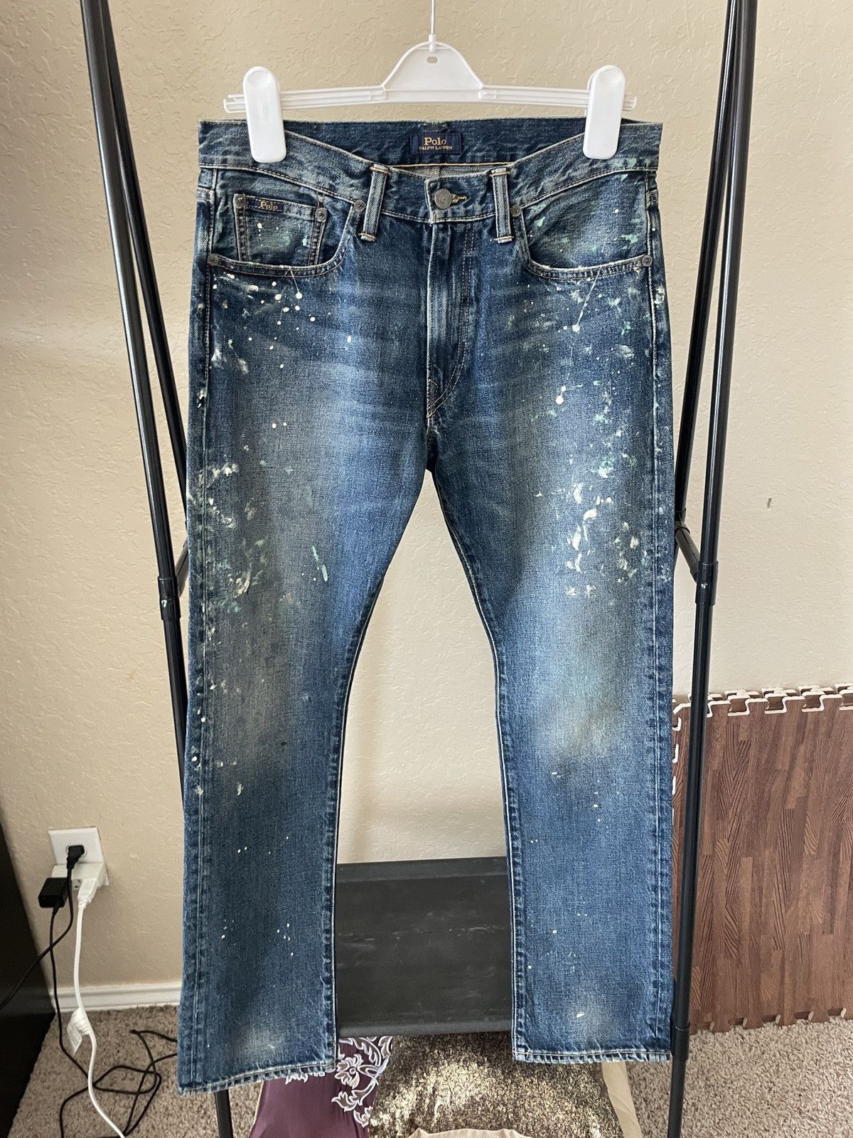 Varick Slim Straight leg Paint splash jeans