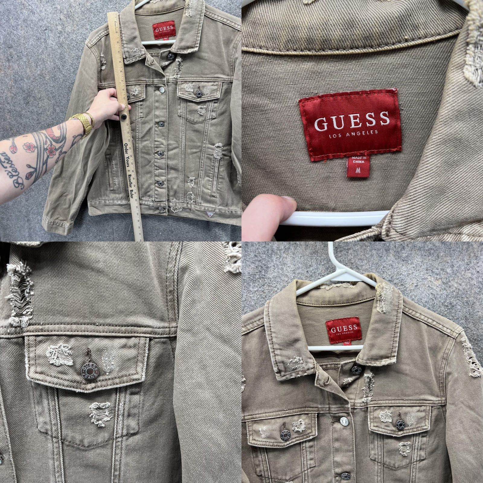 Guess VINTAGE? No. Guess Jeans Jacket Womens Medium Beige Distressed Denim Trucker Button Up Size 32" / US 10 / IT 46 - 8 Thumbnail