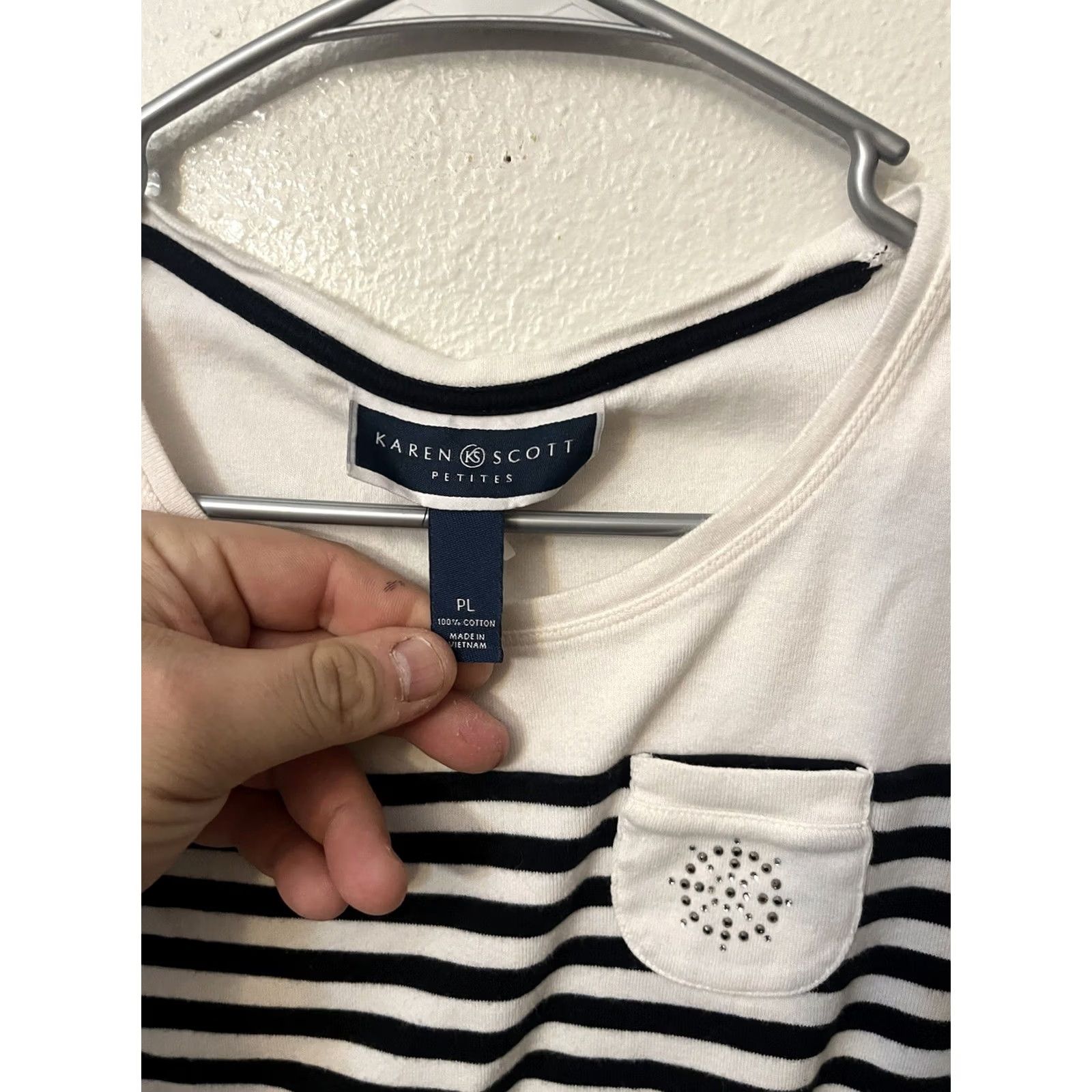 Vintage Karen Scott Striped T-Shirt PL Blue White Round Neck Long Sleeve Women Size L / US 10 / IT 46 - 3 Thumbnail