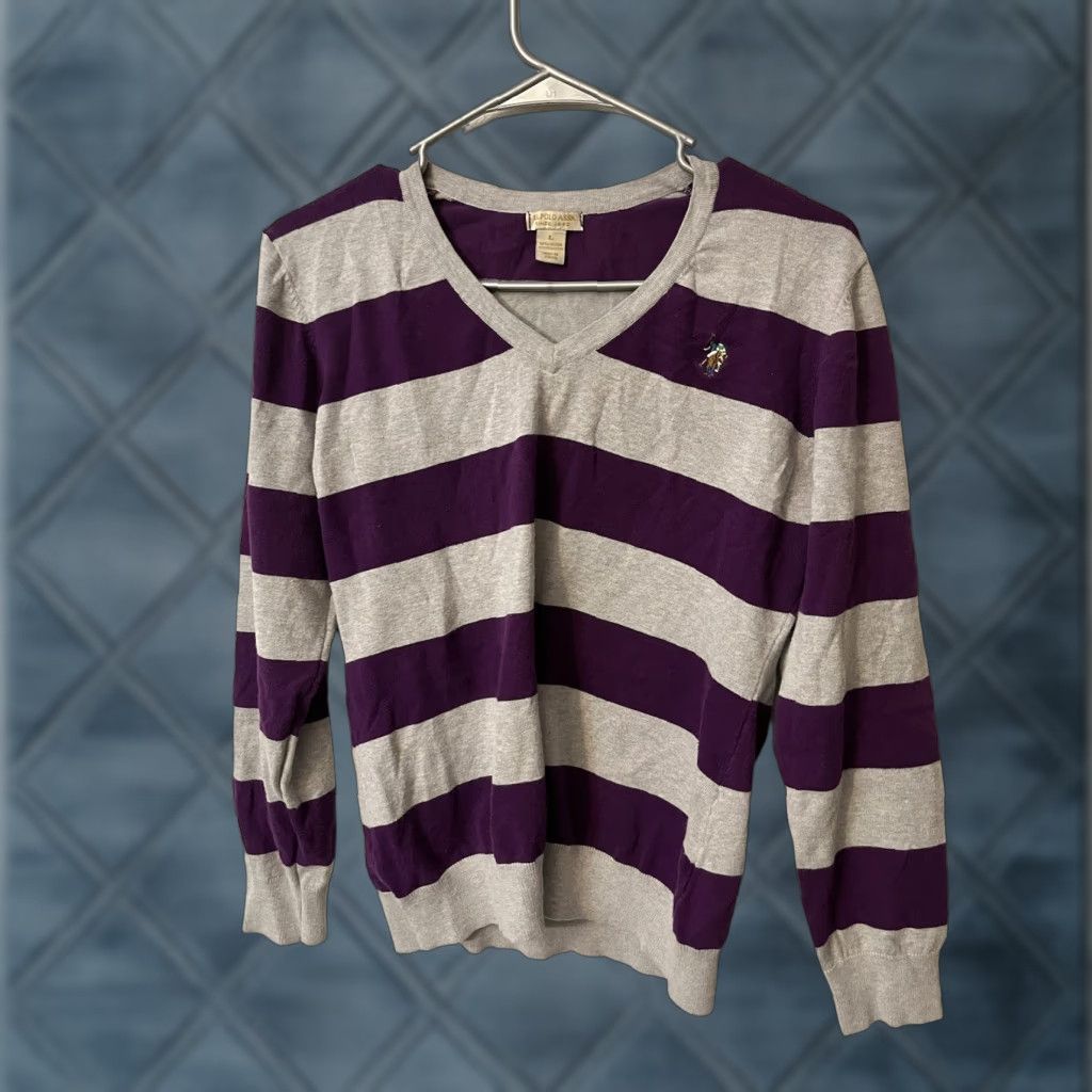 Vintage US Polo Assn. Sweater Striped Knit V-Neck Women's Large Purple Gray Pullover Cable-Knit Knitwear Shirt Modern Vintage: No Size L / US 10 / IT 46 - 1 Thumbnail