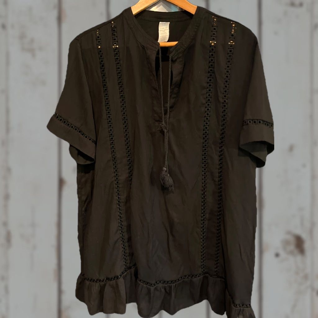 Vintage Time And Tru BLACK DRESS Cover Up V Neck Tie Tassel Ruffle Hem Cut Outs 1X 16-18 Size XL / US 12-14 / IT 48-50 - 1 Thumbnail