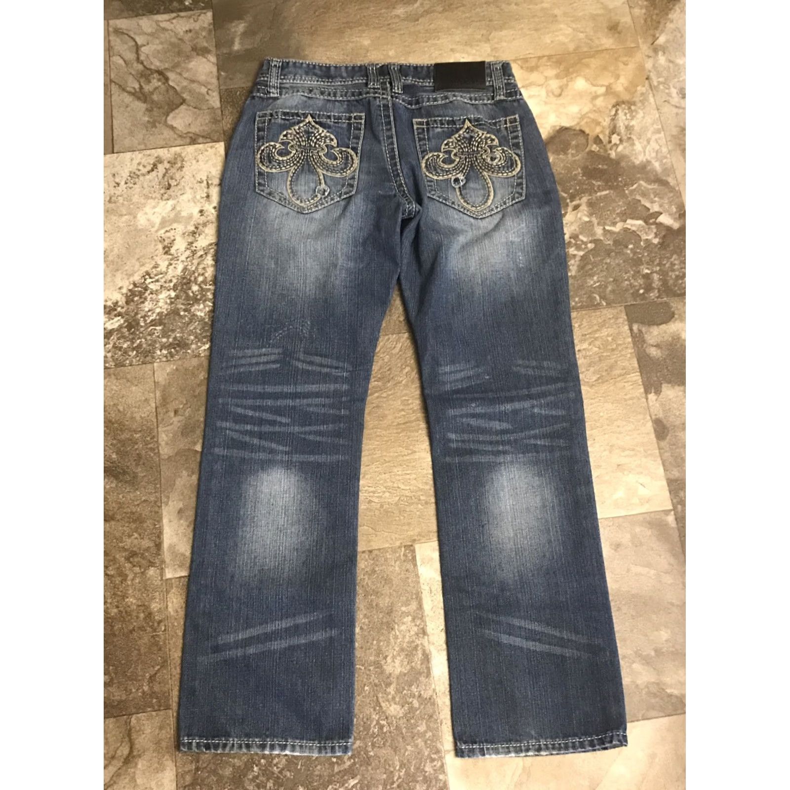 Vintage CJ Black Mens 33x32 Slim Straight Blue Jeans Low Rise Distressed Thick Stitch Size US 33 - 4 Thumbnail