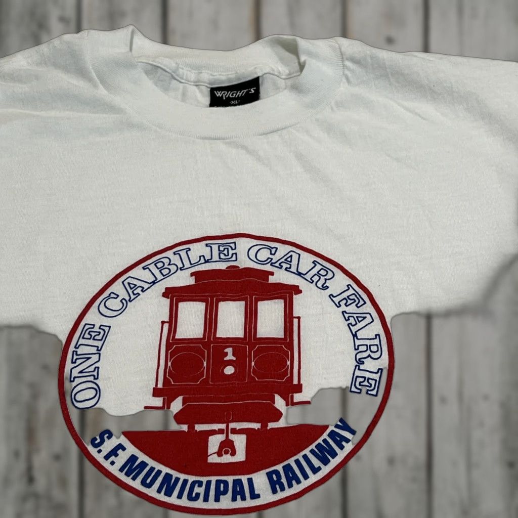 Vintage VINTAGE Wright’s San Francisco Municipal Railway One Cable Car Fare T Shirt XL Unisex White Cotton Blend Graphic Tee 1990s Single Stitch Mens Womens Size US XL / EU 56 / 4 - 1 Thumbnail