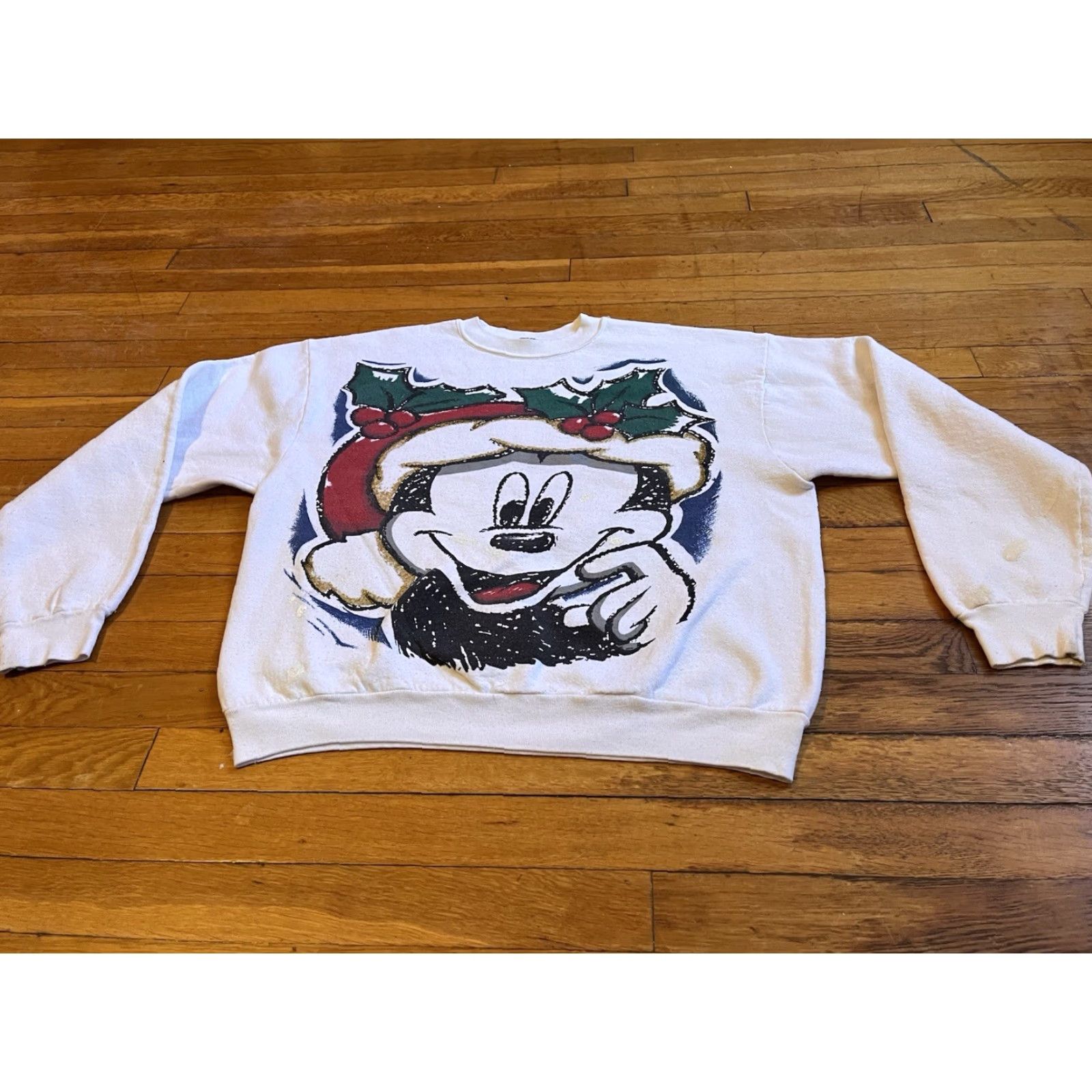 Vintage VINTAGE Mickey Mouse Jerry Leigh Christmas Sweatshirt Womens XL Graphic Print 90s Art Cartoon White Cotton Blend Size XL / US 12-14 / IT 48-50 - 2 Thumbnail