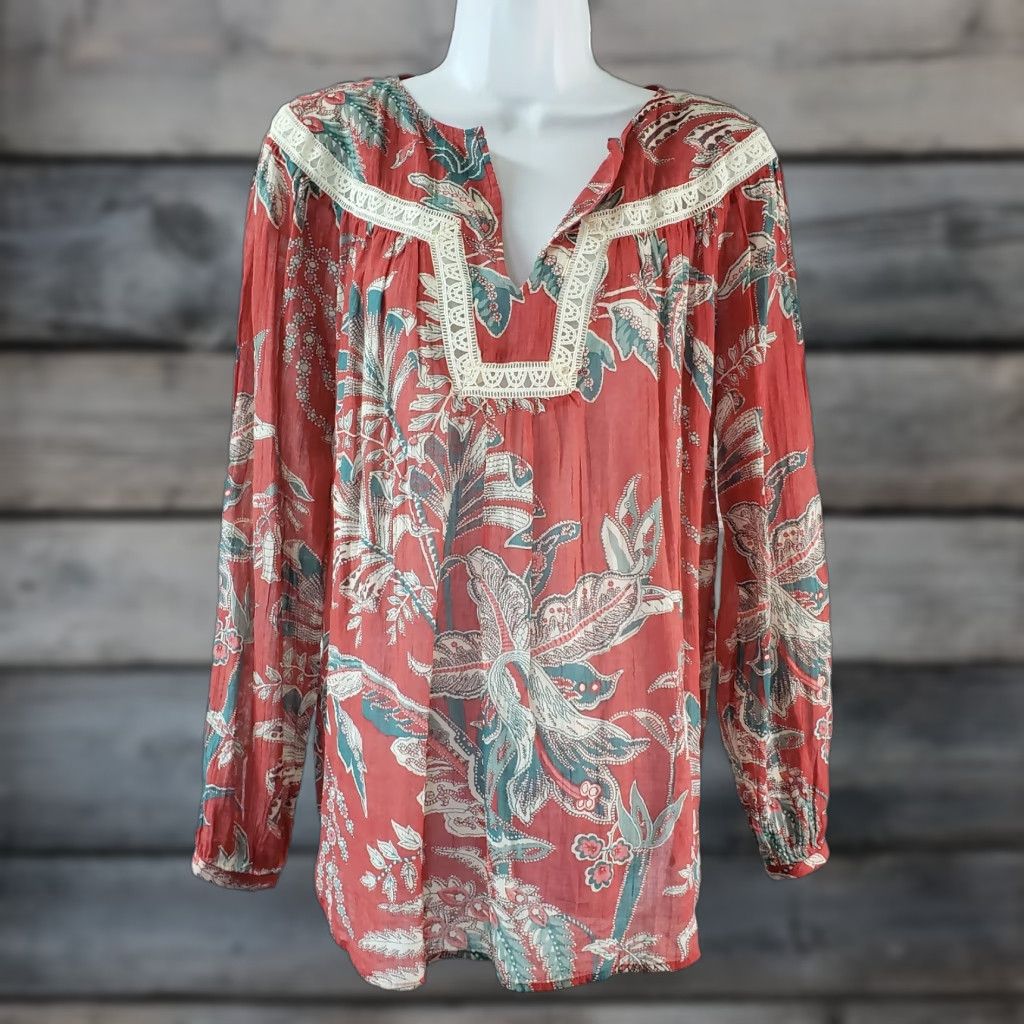Ann Taylor VINTAGE Ann Taylor LOFT Womens Blouse XS Red Floral Crochet Lace Long Sleeve Cotton Size XS / US 0-2 / IT 36-38 - 1 Thumbnail