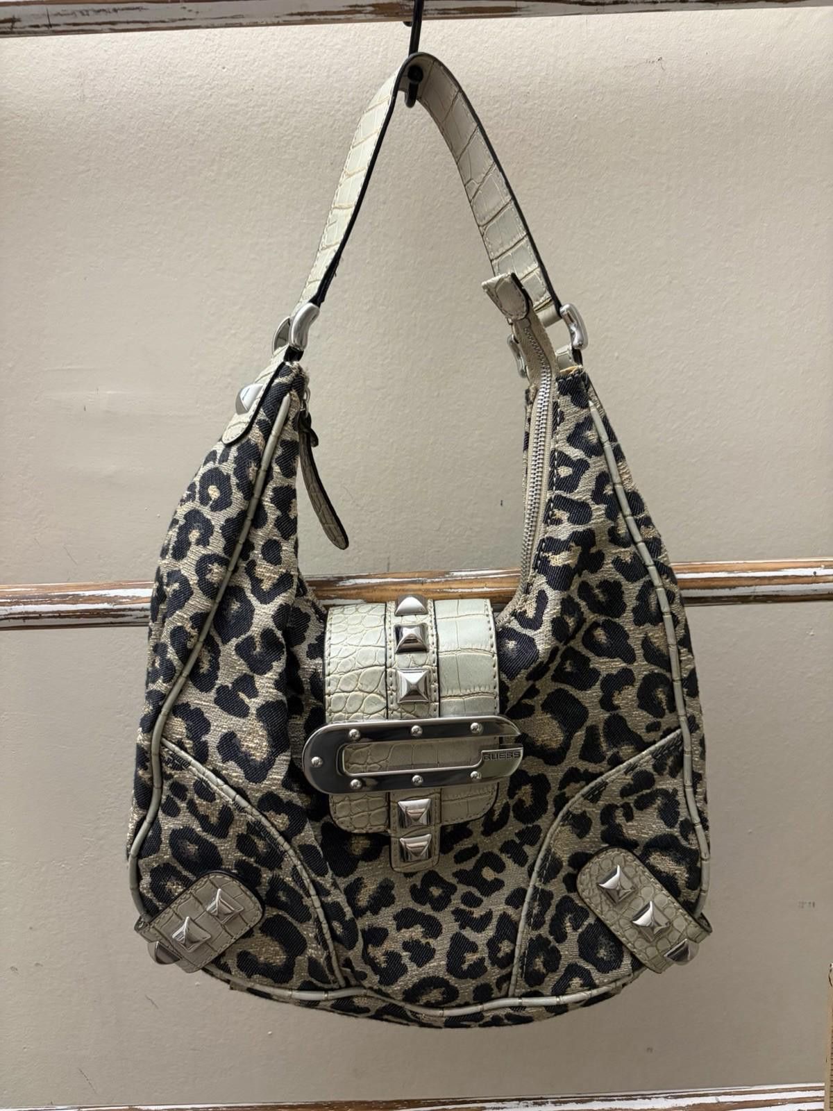Guess Vintage Guess Leopard Canvas Croc Leather Studded Hobo Bag Size ONE SIZE - 1 Thumbnail