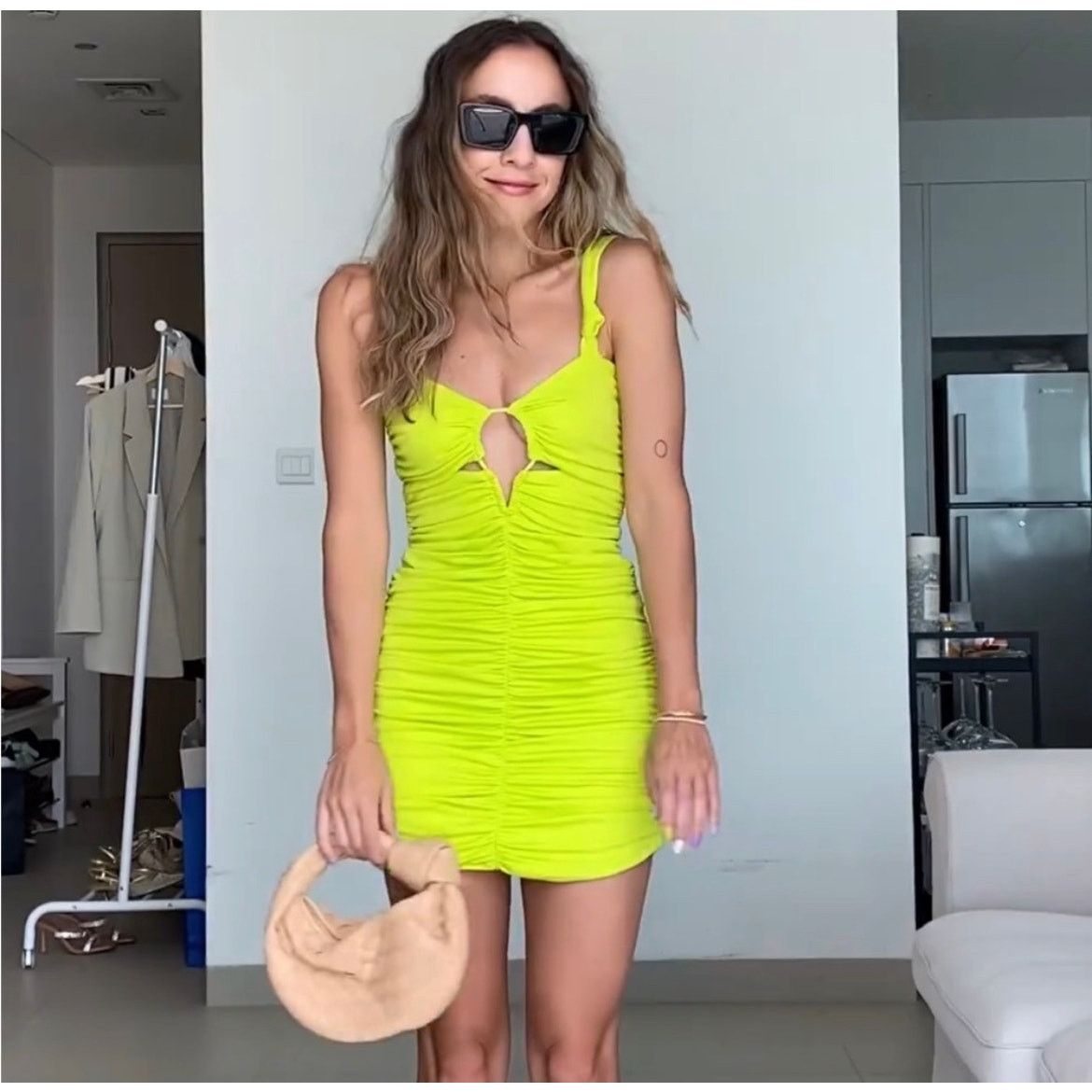 Zara ZARA SHORT DRESS WITH RUCHING LIME GREEN Size S / US 4 / IT 40 - 1 Thumbnail
