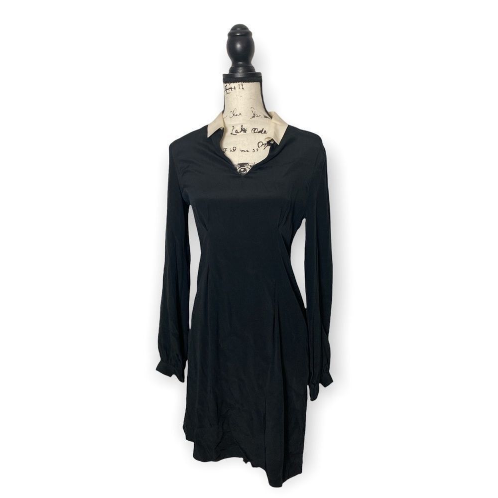 image of Kate Spade Long Sleeve Collared Silk Dress in Black, Women's (Size XS)