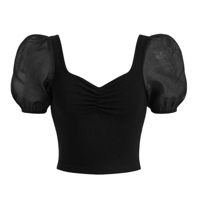 Shein Contrast Mesh Puff Sleeve Ruched Bust Tee in Black, Size XS Size XS / US 0-2 / IT 36-38 - 1 Preview