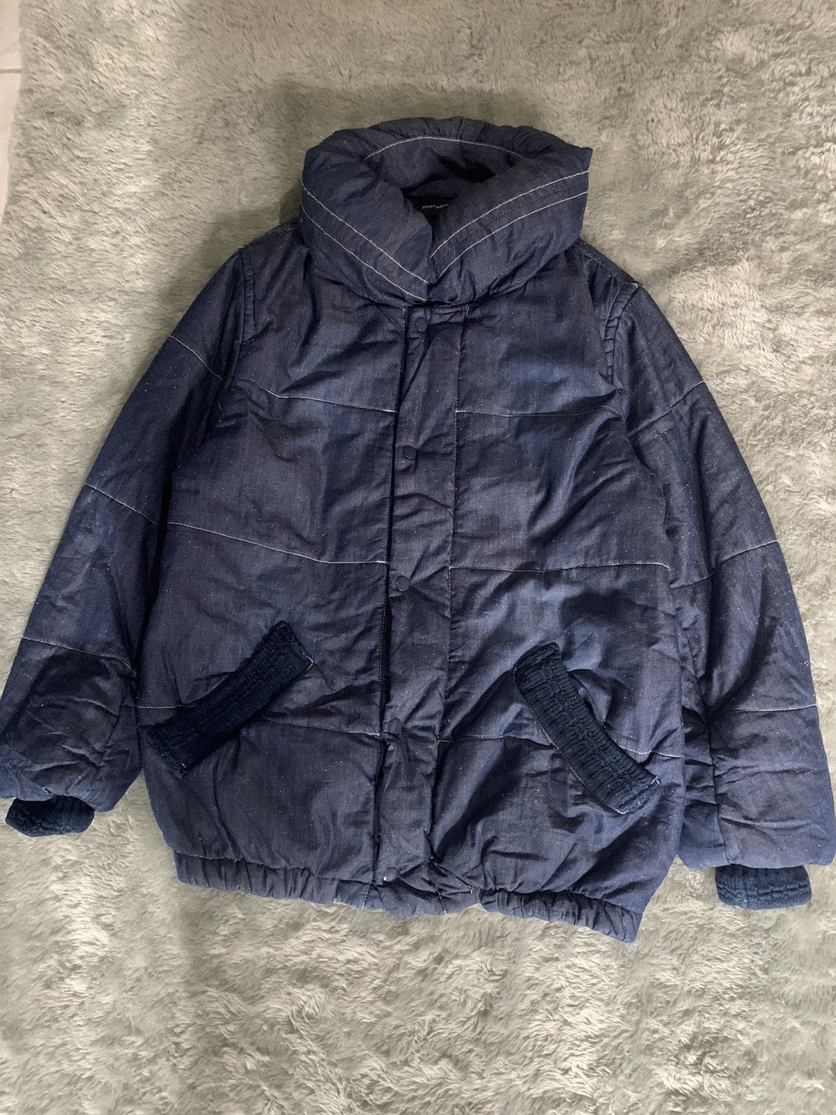 image of Issey Miyake x Mercibeaucoup Pillow Neck Indigo Dye Puffer Denim Jacket in Blue Denim (Size Medium)