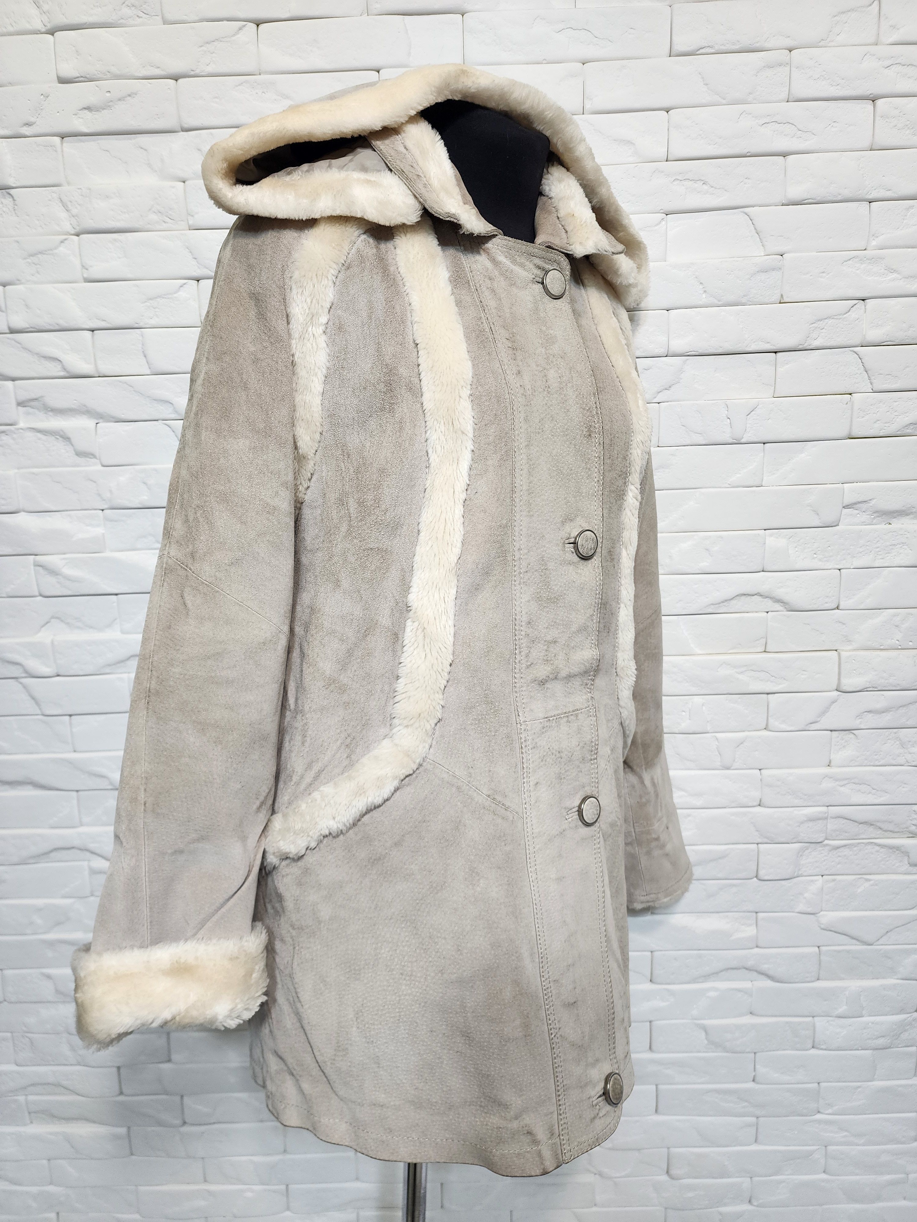 Genuine Leather Suede Hooded Jacket: Gray Leather Toggle Coat Size XL / US 12-14 / IT 48-50 - 3 Thumbnail