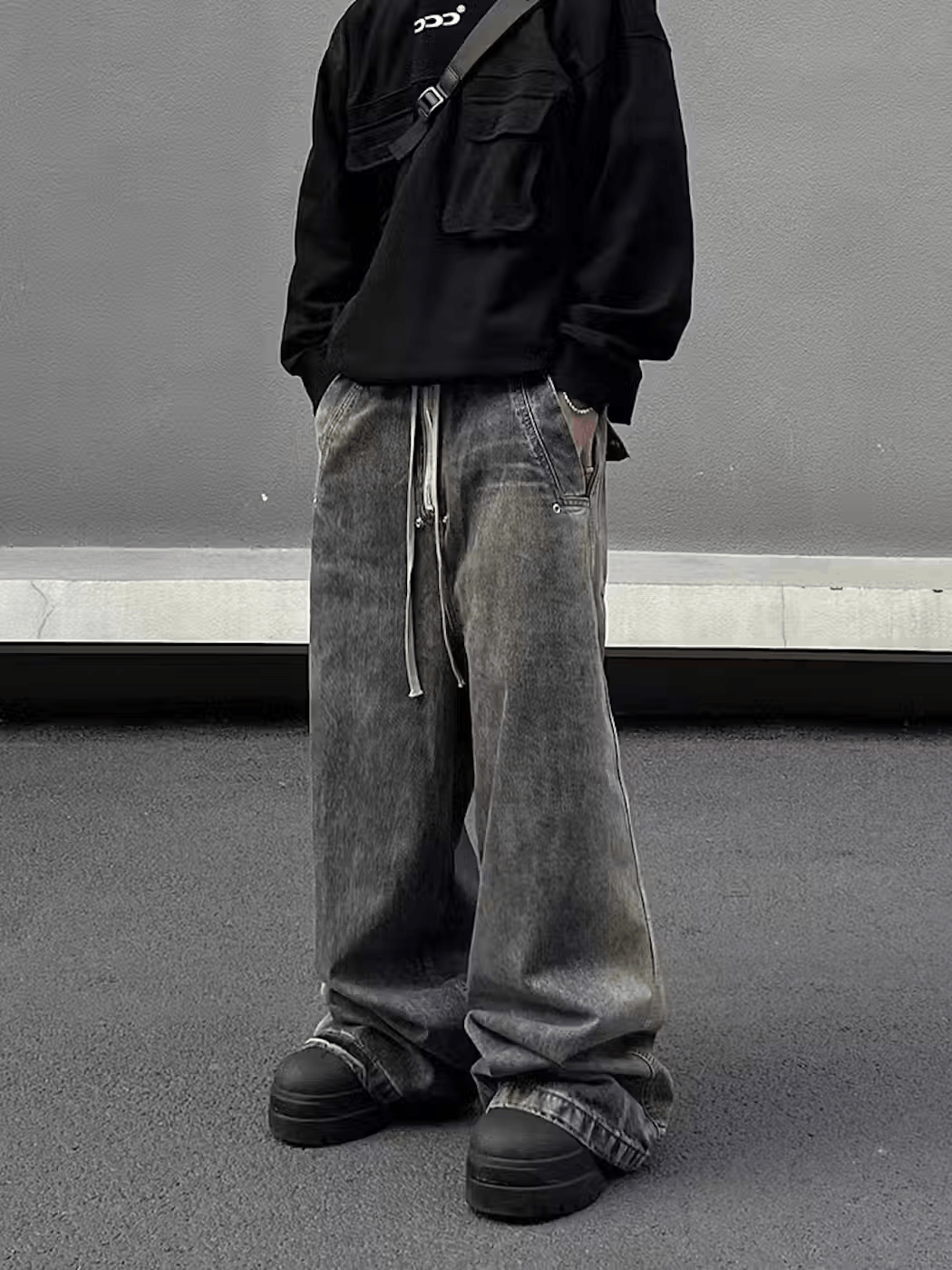 image of Retro Wash Gradient Drawstring Work Wide Leg Jeans in Dark Blue, Men's (Size 32)