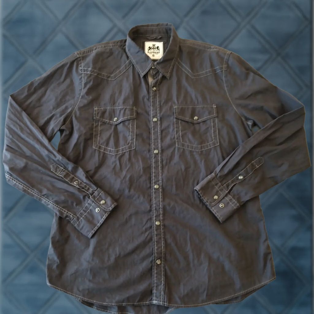 Express Express Shirt Mens XL Gray Long Sleeve Pearl Snap Pockets Cotton Shirt Size US XL / EU 56 / 4 - 1 Thumbnail
