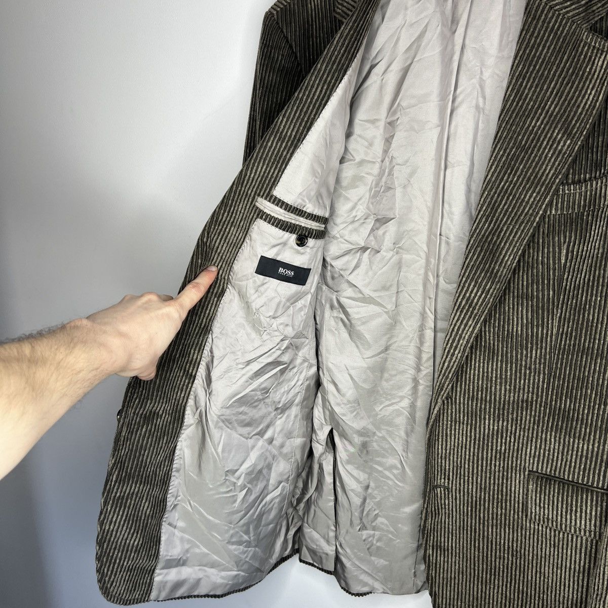 Designer × Hugo Boss × Vintage Red Label Brown Corduroy Light Top Coat Jacket Blazer Size US L / EU 52-54 / 3 - 7 Thumbnail